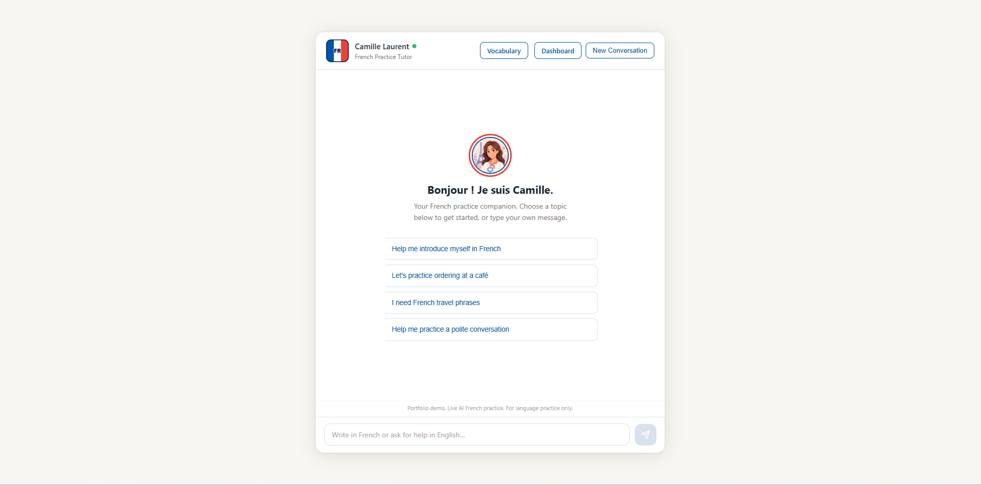 French AI Practice Companion interface showing Camille, conversation topics, vocabulary navigation, dashboard navigation, and a message input