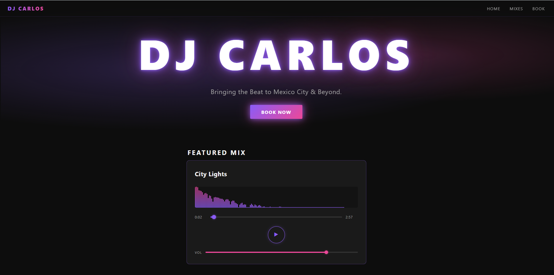 DJ Carlos booking website homepage with an audio player and upcoming gig schedule