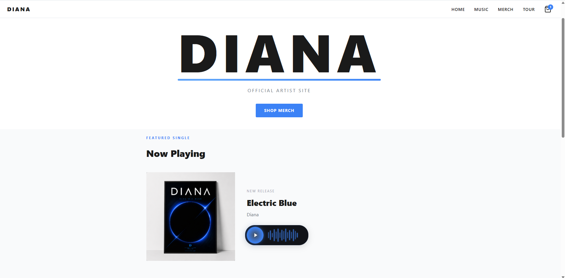 Diana music artist website homepage with a featured single, album artwork, and audio player