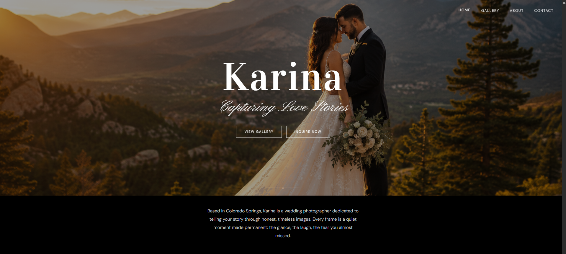 Karina Photography wedding website homepage displayed over a Colorado mountain wedding scene