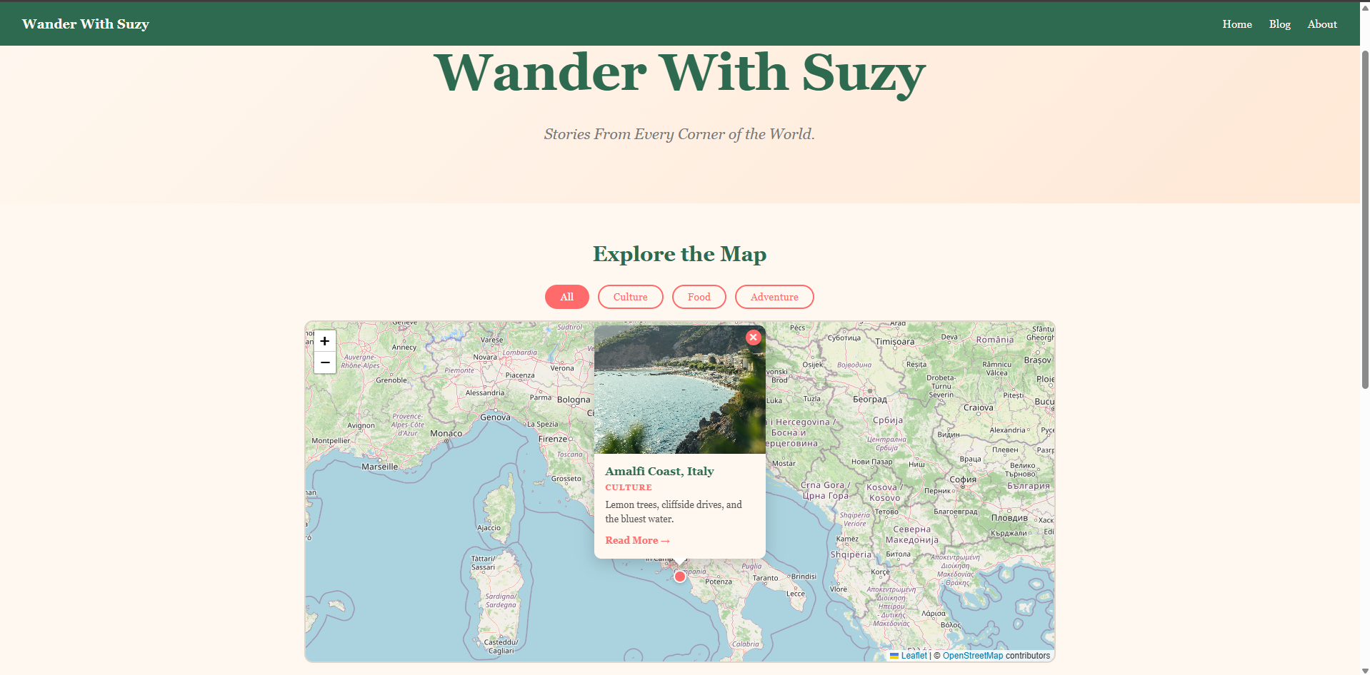 Wander With Suzy interactive travel map with an Amalfi Coast destination popup